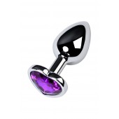 Серебристая коническая анальная пробка с фиолетовым кристаллом-сердечком - 7 см. - ToyFa - купить с доставкой в Барнауле