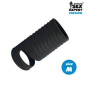 Черная открытая насадка на пенис с кольцом для мошонки size M - 7,9 см. - Sex Expert - в Барнауле купить с доставкой