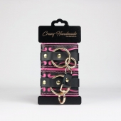 Черные кожаные наручники с розовой строчкой - Crazy Handmade - купить с доставкой в Барнауле