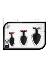 Набор черных анальных пробок с красным кристаллом-сердечком Bling Plugs Training Kit - Blush Novelties - купить с доставкой в Барнауле