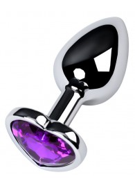 Серебристая коническая анальная пробка с фиолетовым кристаллом-сердечком - 7 см. - ToyFa - купить с доставкой в Барнауле