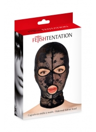 Черная кружевная маска на голову с отверстиями для глаз и рта - Fetish Tentation - купить с доставкой в Барнауле