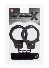 Чёрные наручники из листового металла в комплекте с веревкой BONDX METAL CUFFS LOVE ROPE SET - Dream Toys - купить с доставкой в Барнауле