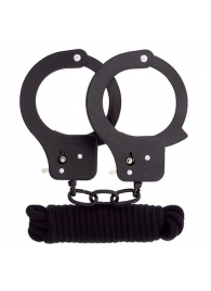 Чёрные наручники из листового металла в комплекте с веревкой BONDX METAL CUFFS LOVE ROPE SET - Dream Toys - купить с доставкой в Барнауле