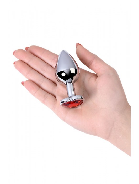 Серебристая коническая анальная пробка с красным кристаллом-сердечком - 7 см. - ToyFa - купить с доставкой в Барнауле