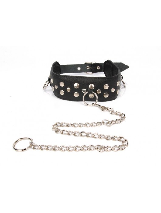 Черный ошейник с заклепками с металлическим поводком-цепочкой - Notabu - купить с доставкой в Барнауле