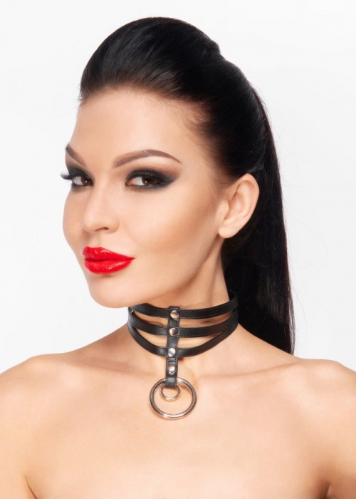 Длинный черный чокер из экокожи с двумя кольцами - Джага-Джага - купить с доставкой в Барнауле