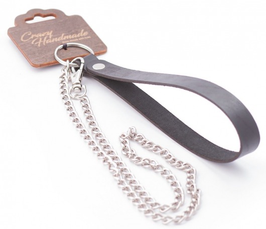 Серебристый металлический поводок с кожаной черной ручкой - 80 см. - Crazy Handmade - купить с доставкой в Барнауле