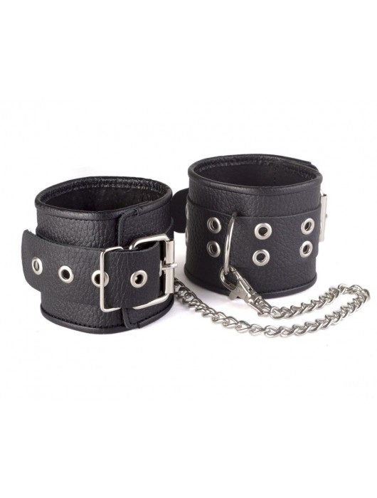 Кожаные черные оковы с широким ремешком, соединенные цепочкой - Sitabella - купить с доставкой в Барнауле