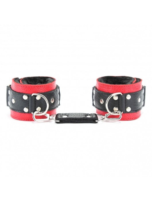 Красно-чёрные кожаные наручники с меховым подкладом - БДСМ Арсенал - купить с доставкой в Барнауле