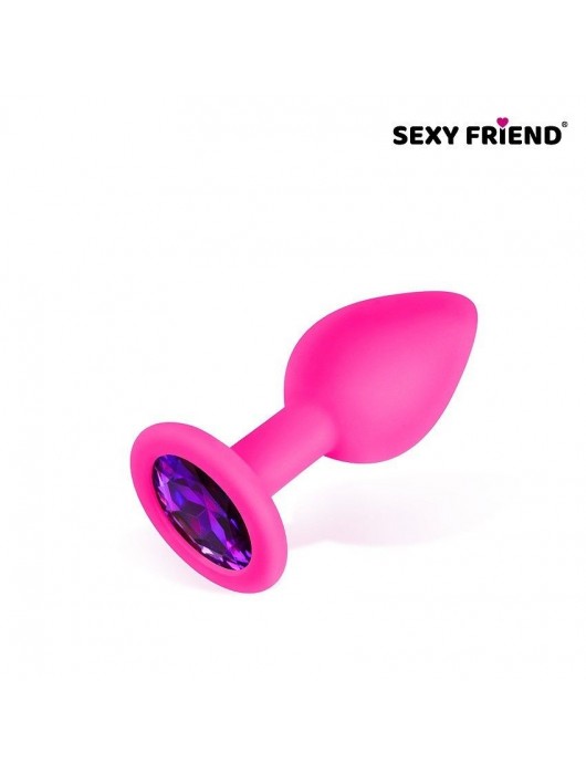 Розовая силиконовая анальная втулка с фиолетовым кристаллом - 7,3 см. - 1137