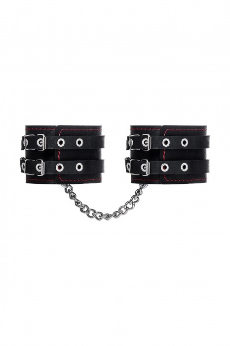 Черные кожаные оковы с двумя ремнями и контрастной строчкой - Pecado - купить с доставкой в Барнауле