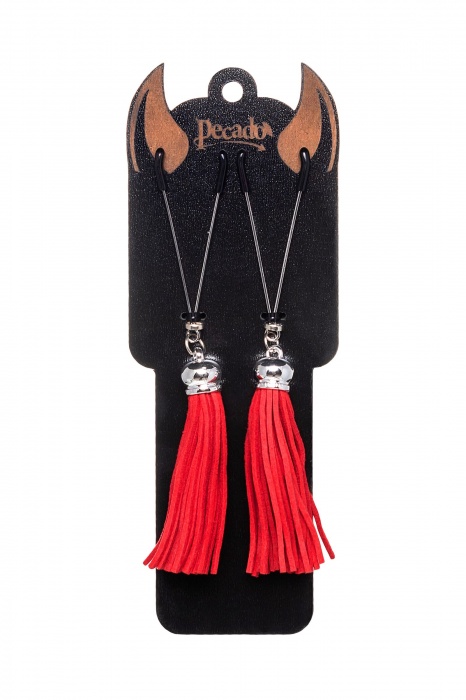 Зажимы на соски «Вилки» с красными кисточками из замши - Pecado - купить с доставкой в Барнауле
