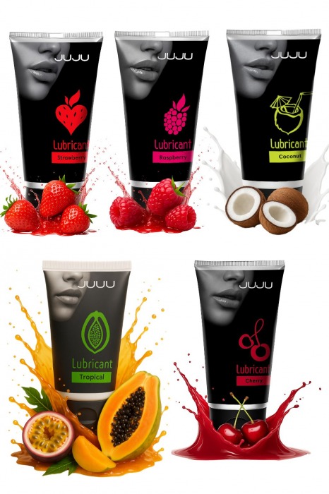 Набор из 5 съедобных лубрикантов JUJU (клубника, малина, тропические фрукты, вишня, кокос) - JuJu - купить с доставкой в Барнауле