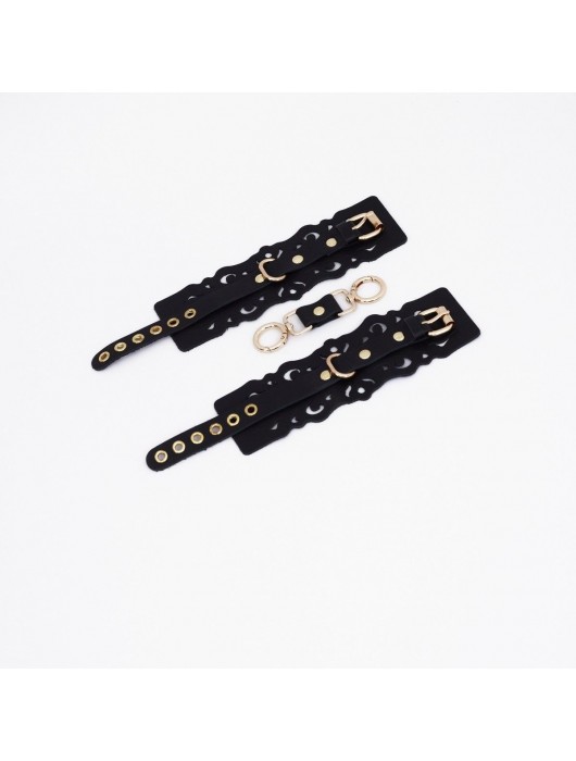 Черные кожаные наручники с узорами и золотистой фурнитурой - Crazy Handmade - купить с доставкой в Барнауле