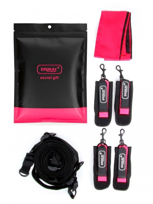 Черно-розовый эротический набор: фиксатор, оковы, наручники, повязка - Erokay - купить с доставкой в Барнауле