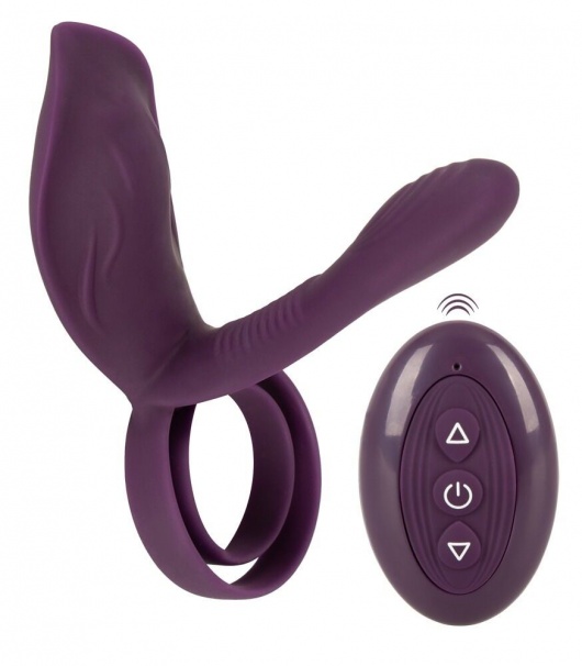 Фиолетовая насадка на член с клиторальным отростком и пультом ДУ RC Couple’s Vibrator 2 - Orion - в Барнауле купить с доставкой